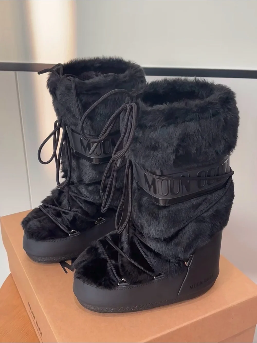 Moon Boot Black Faux-Fur Lace-Up Winter Boots